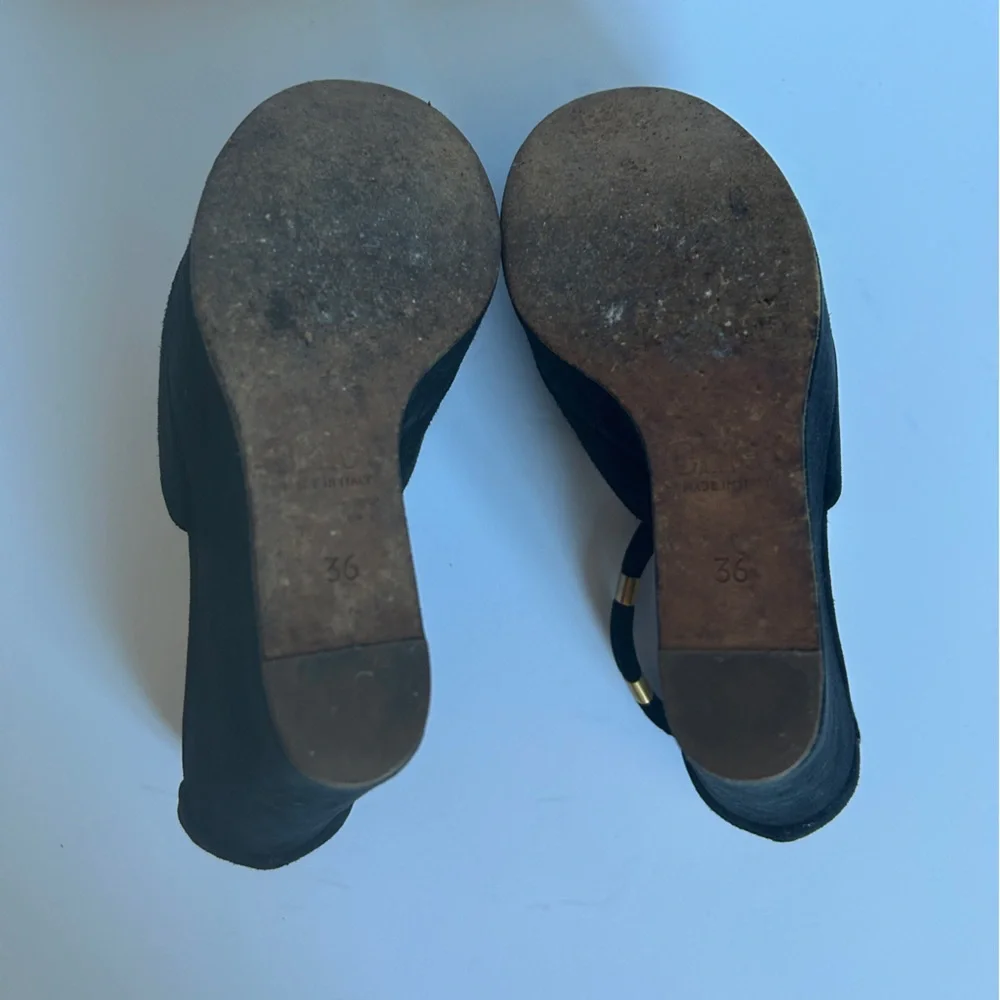 Chloe size 36 Black suede Wedge platforms w gold detail and snap - Picture 7 of 7
